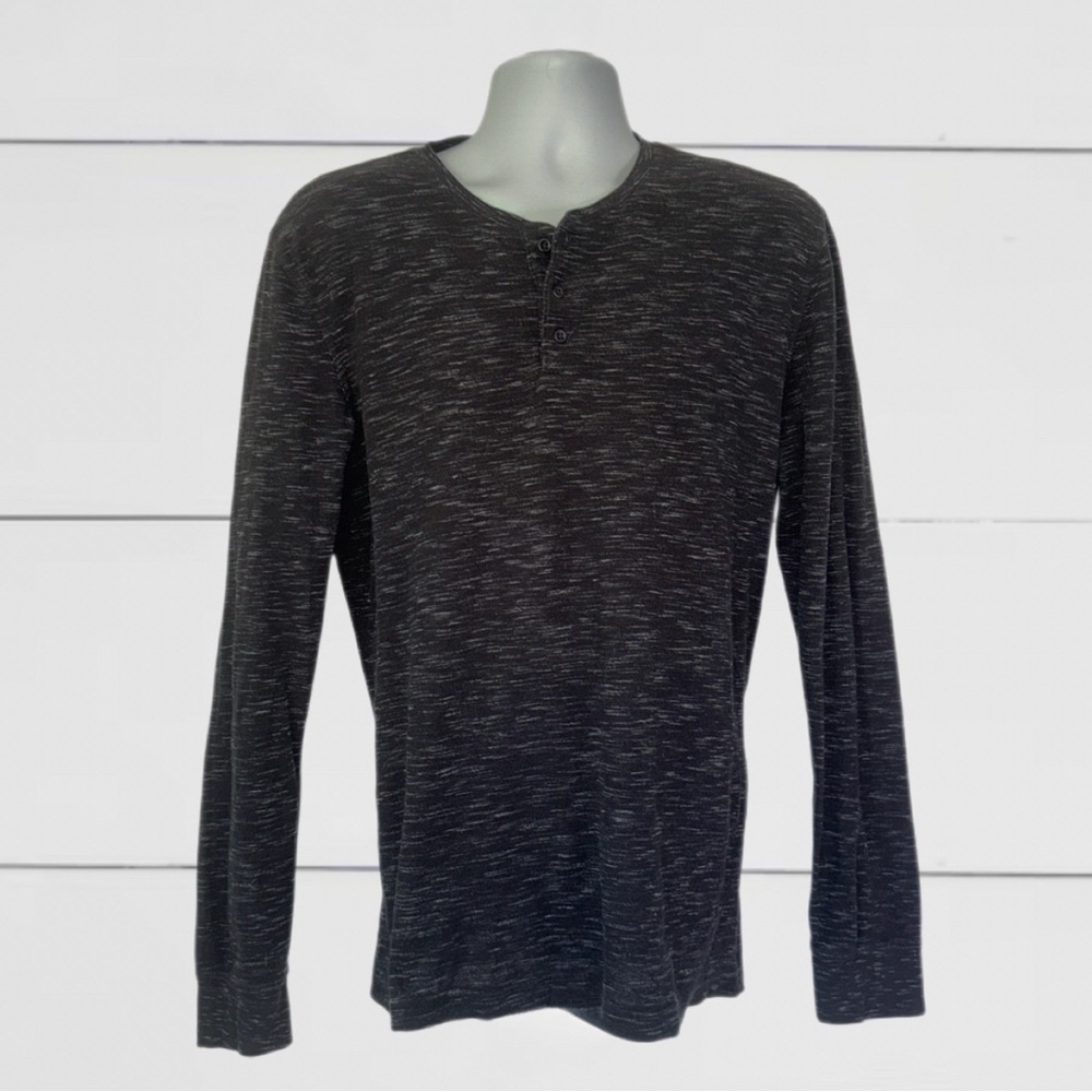 Marc Anthony Henley Shirt Men’s Large Long Sleeve Slim Fit Black Gray Stretch